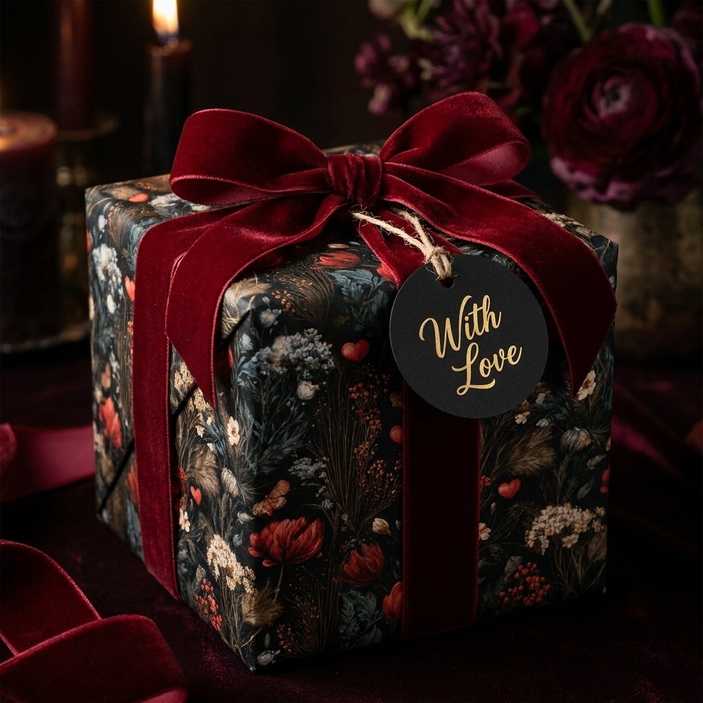 Luxury dark floral wrapping paper with a burgundy velvet ribbon and "With Love" tag by Wrapped Studios.
