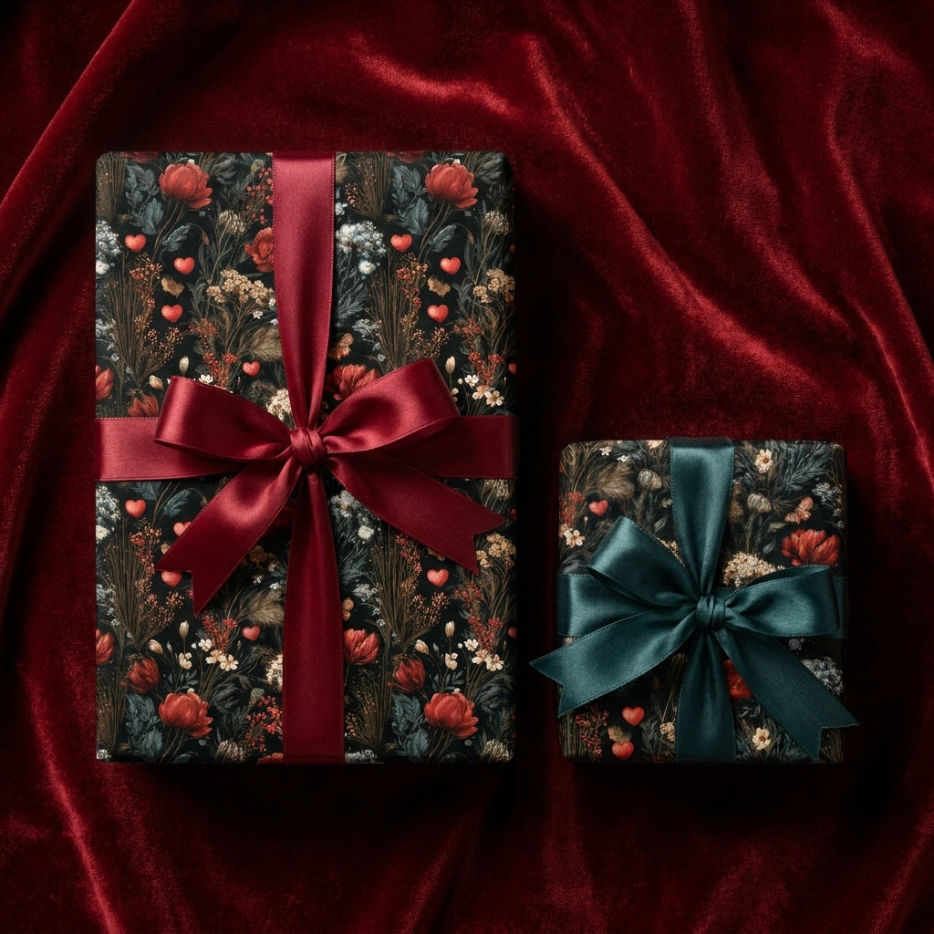 Dark floral wrapping paper with red and teal satin bows on red velvet by Wrapped Studios.