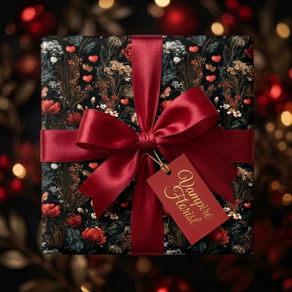 Luxury gothic floral wrapping paper with a red satin ribbon bow by Wrapped Studios.