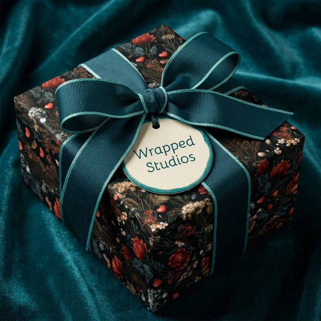 Luxury dark floral wrapping paper by Wrapped Studios with a teal ribbon bow on velvet.