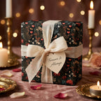 Romantic dark floral wrapping paper with a cream ribbon and heart tag on a gift box, by Wrapped Studios.