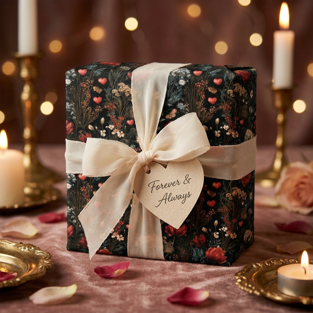Romantic dark floral wrapping paper with a cream ribbon and heart tag on a gift box, by Wrapped Studios.