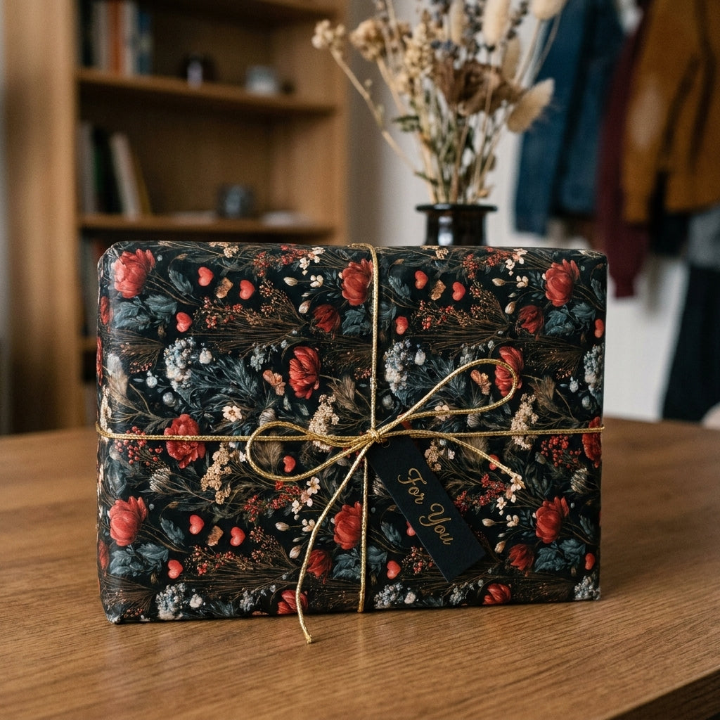Moody vintage floral wrapping paper on a gift box with gold string by Wrapped Studios.