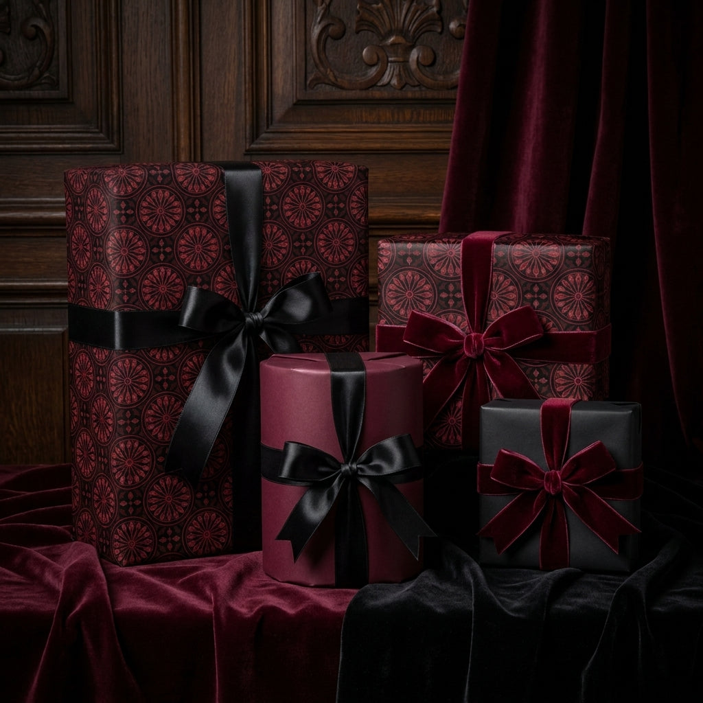 Luxury gothic wrapping paper in burgundy and black with elegant velvet bows by Wrapped Studios.