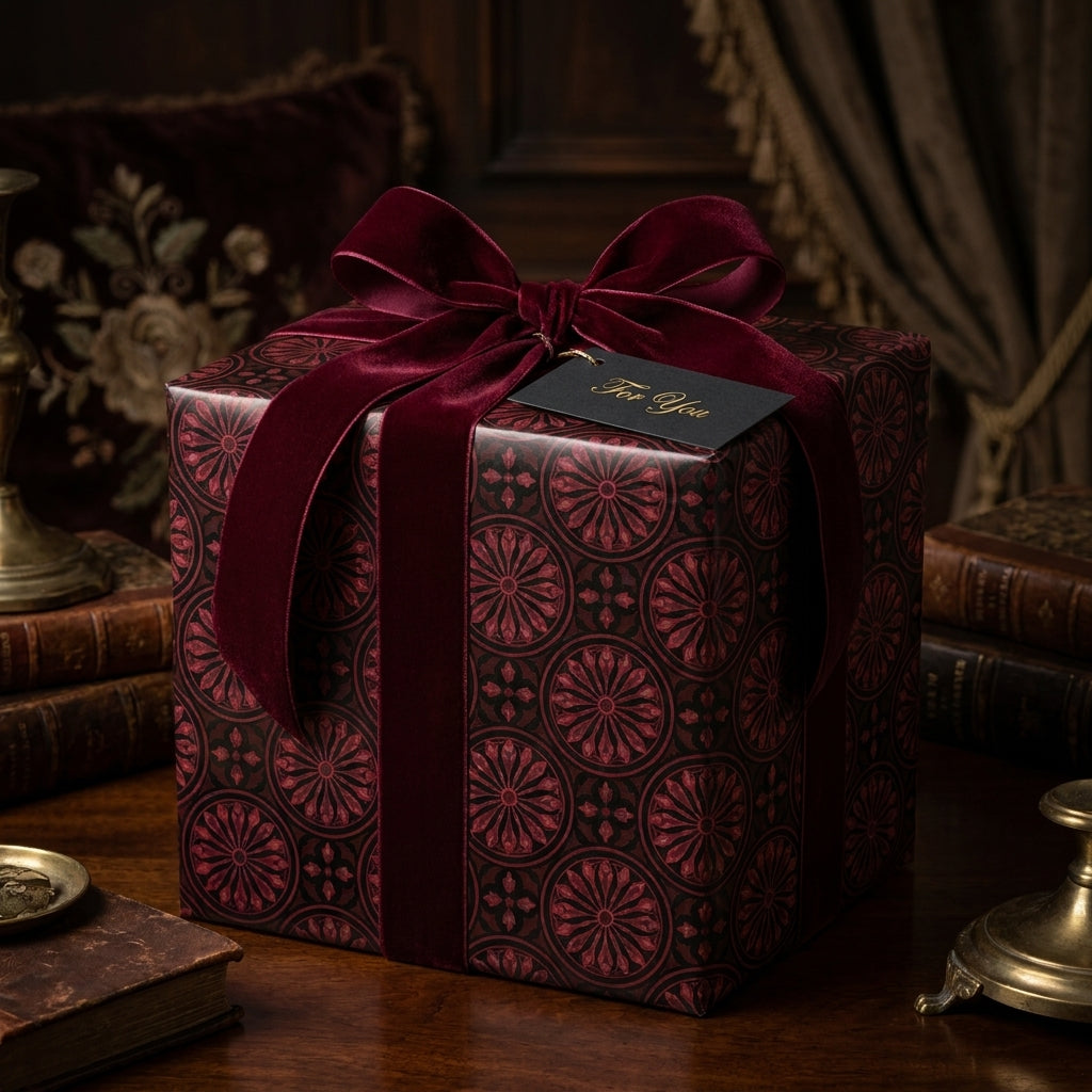 Luxury burgundy gothic gift wrap with a velvet ribbon on a holiday present by Wrapped Studios.