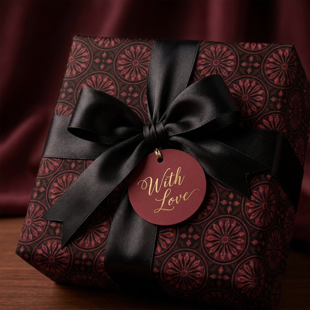 Luxury burgundy gothic wrapping paper with a black satin bow and 'With Love' gift tag, by Wrapped Studios.