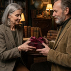 Senior couple exchanging a gift in luxury burgundy vintage wrapping paper by Wrapped Studios.