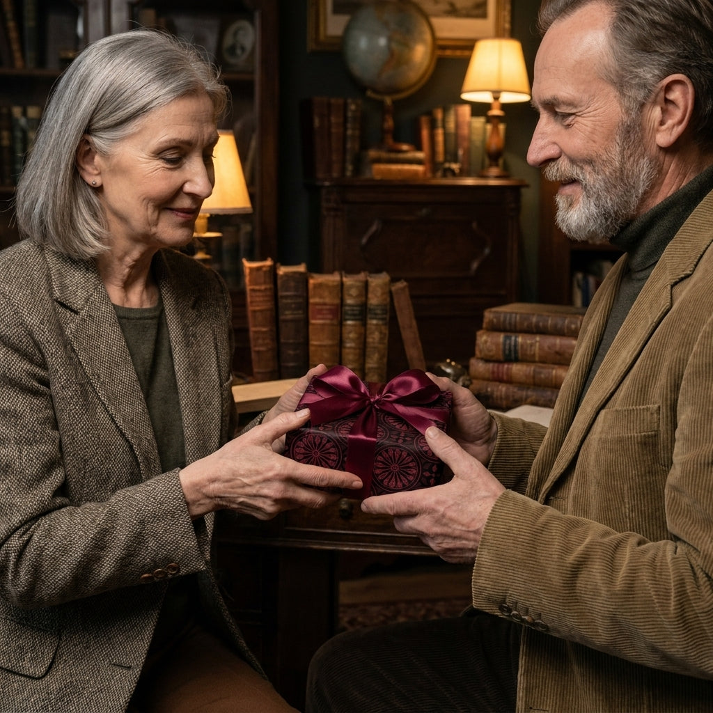 Senior couple exchanging a gift in luxury burgundy vintage wrapping paper by Wrapped Studios.