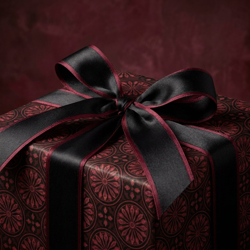 Elegant burgundy and black gothic wrapping paper with a luxury satin bow by Wrapped Studios.