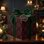 Luxury burgundy Christmas gift wrap with a green velvet bow in a cozy holiday setting, by Wrapped Studios.