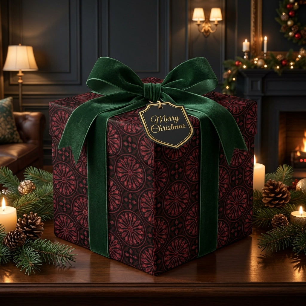 Luxury burgundy Christmas gift wrap with a green velvet bow in a cozy holiday setting, by Wrapped Studios.