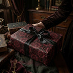 Luxury burgundy gothic wrapping paper with a black satin ribbon on a gift box by Wrapped Studios.