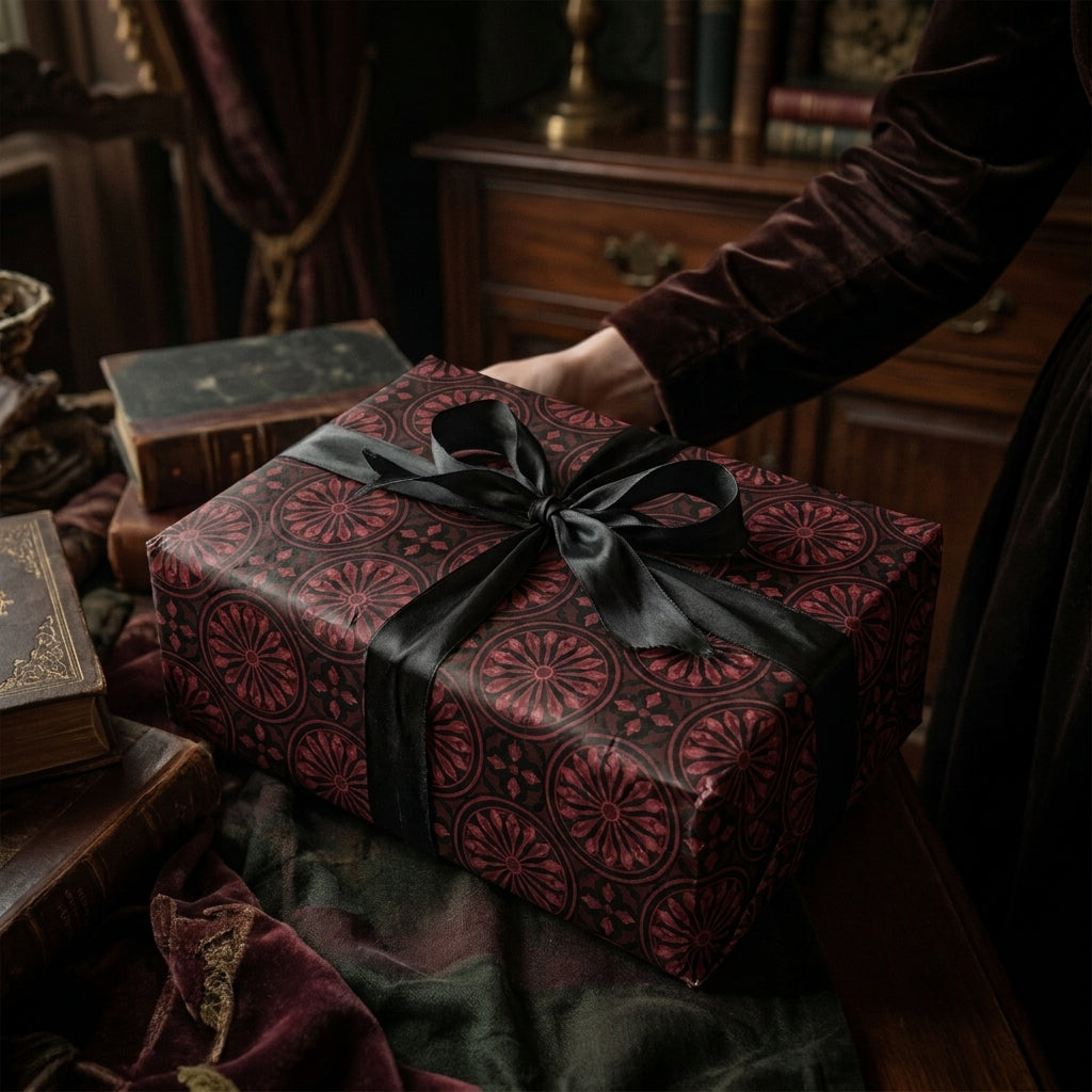 Luxury burgundy gothic wrapping paper with a black satin ribbon on a gift box by Wrapped Studios.
