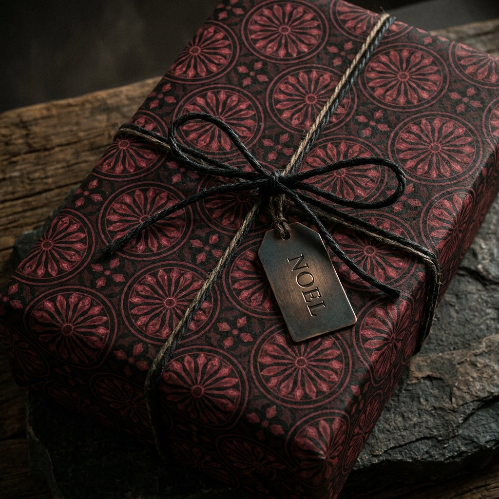 Luxury dark burgundy gothic Christmas wrapping paper with a rustic Noel tag, by Wrapped Studios.
