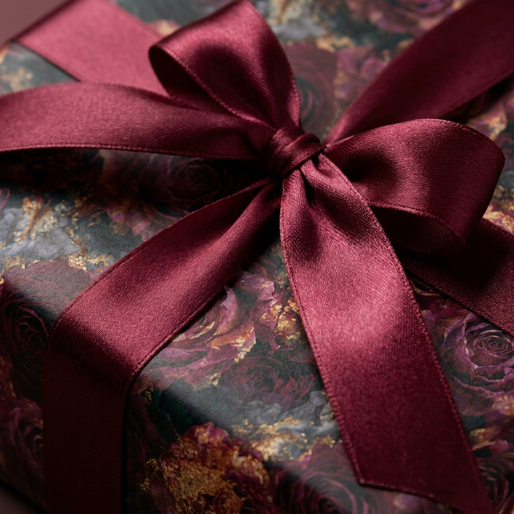 Dark floral wrapping paper with a burgundy satin bow on a luxury gift box by Wrapped Studios.