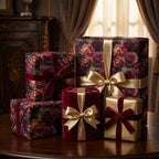 Luxury burgundy floral wrapping paper with gold and velvet bows by Wrapped Studios.