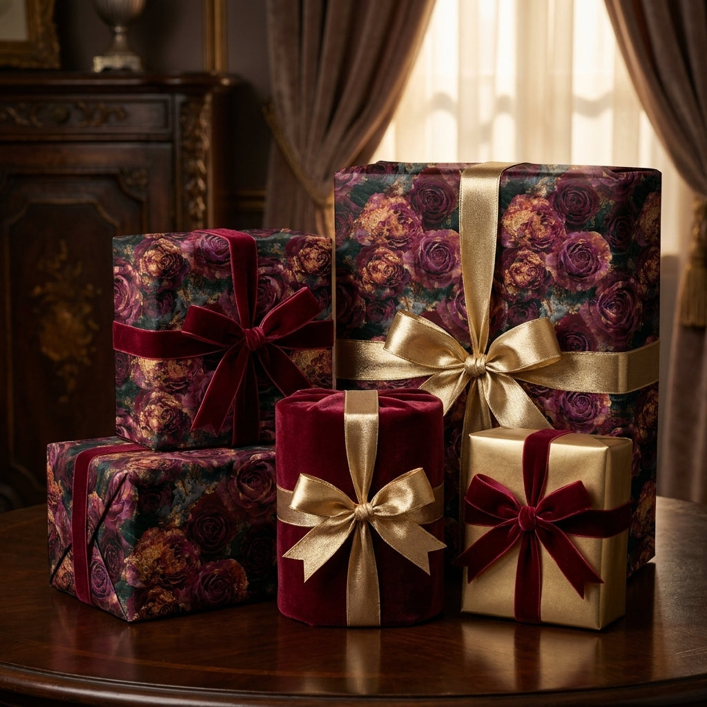 Luxury burgundy floral wrapping paper with gold and velvet bows by Wrapped Studios.