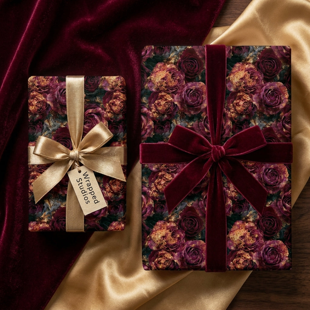 Luxury dark floral wrapping paper by Wrapped Studios on gifts with elegant burgundy velvet and gold satin bows.