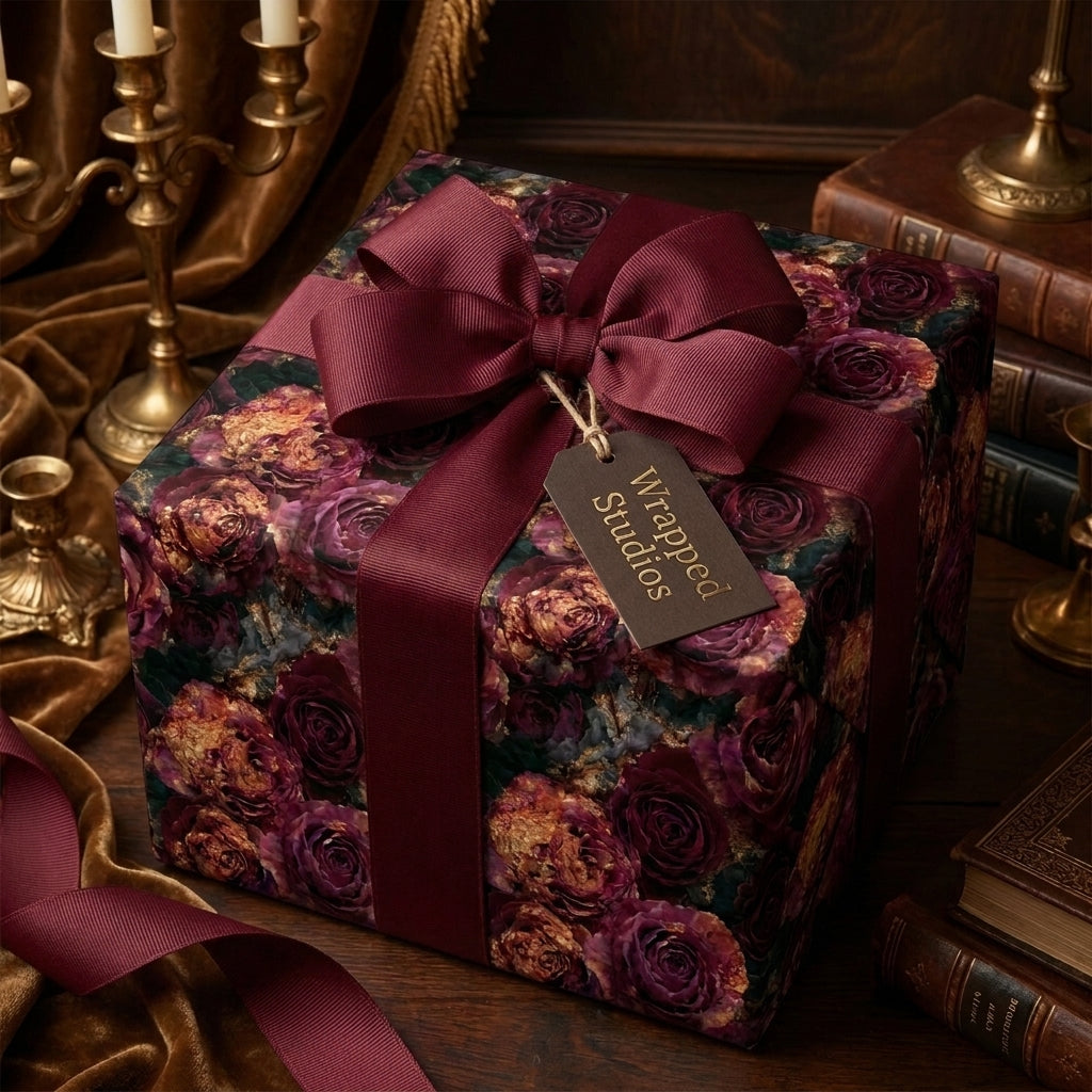 Luxury floral wrapping paper in moody burgundy roses with a ribbon bow and tag by Wrapped Studios.