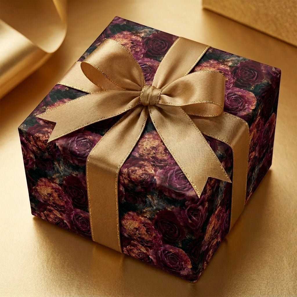 Luxury burgundy floral wrapping paper with gold satin bow on gift box by Wrapped Studios.