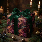 Luxury floral wrapping paper with burgundy roses and green velvet bow on Christmas gift by Wrapped Studios.
