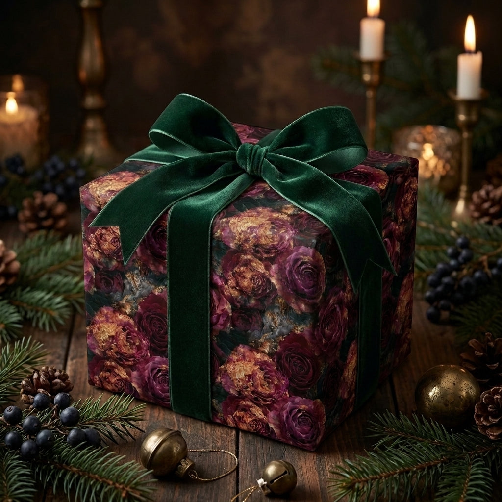 Luxury floral wrapping paper with burgundy roses and green velvet bow on Christmas gift by Wrapped Studios.