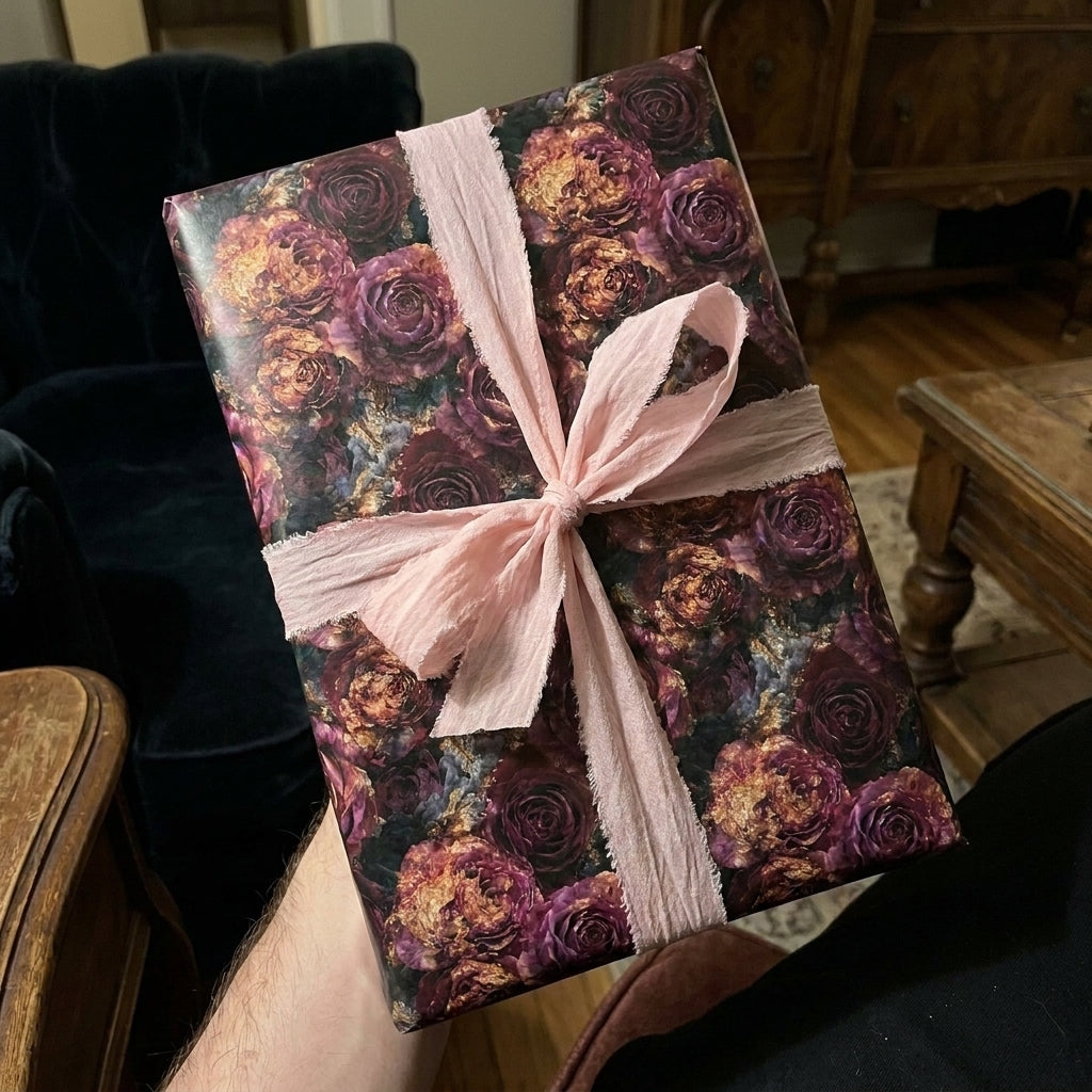 Luxury vintage floral wrapping paper with burgundy roses and a pink ribbon by Wrapped Studios.