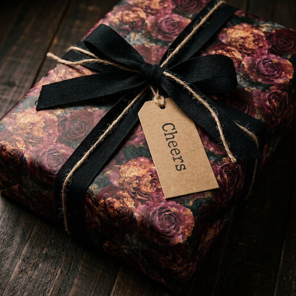 Dark floral wrapping paper with a black ribbon and Cheers tag on a luxury gift box by Wrapped Studios.