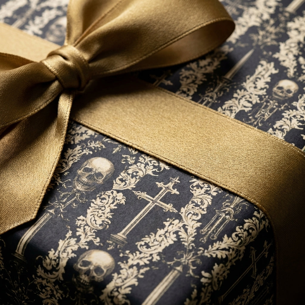 Gothic skull wrapping paper with elegant gold satin bow on black damask gift wrap by Wrapped Studios.