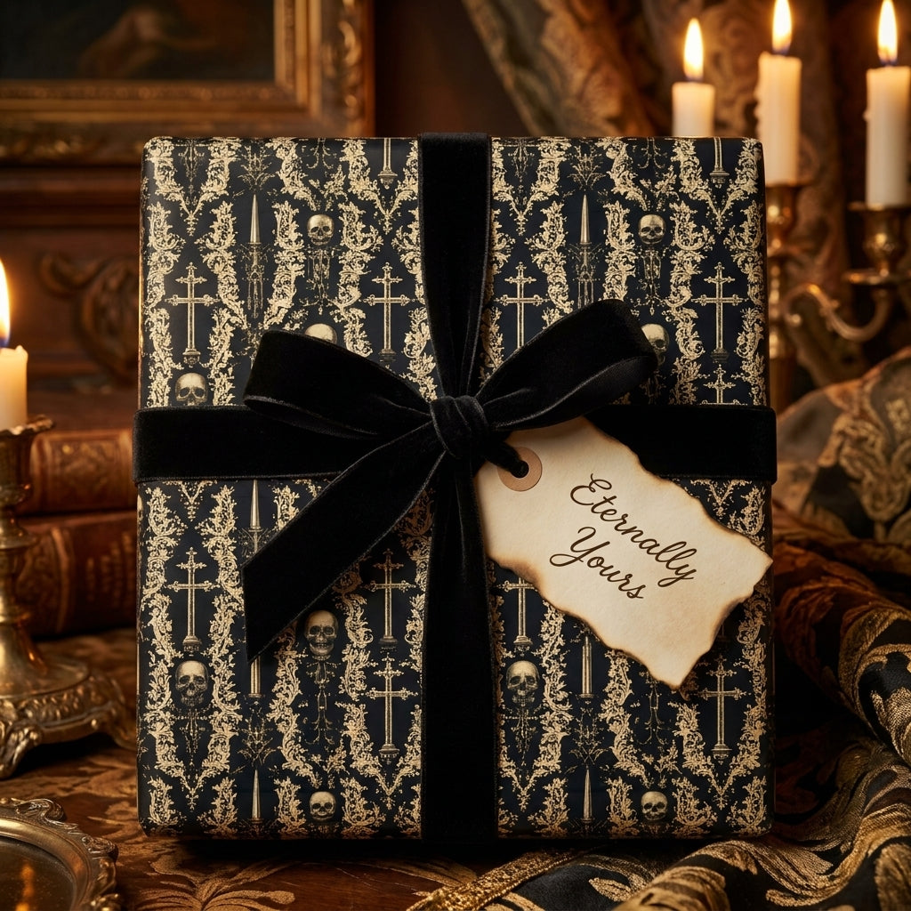 Gothic skull wrapping paper with black velvet bow and 'Eternally Yours' tag by Wrapped Studios.