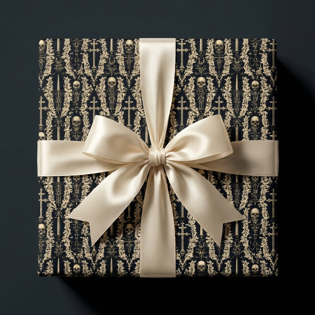Spooky gothic skull gift wrap in black and gold with a cream satin bow by Wrapped Studios.