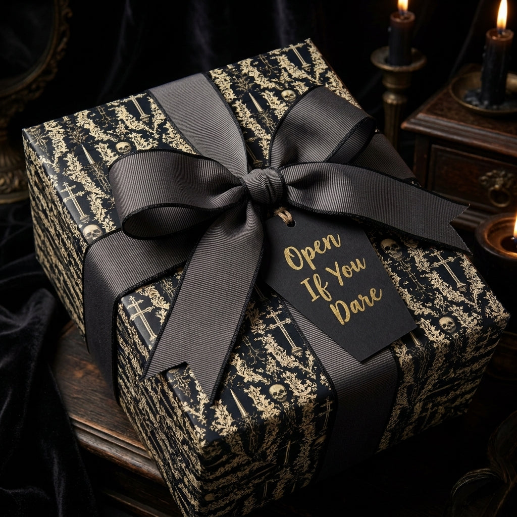 Black and gold gothic wrapping paper with skulls, black ribbon, and 'Open If You Dare' tag by Wrapped Studios.