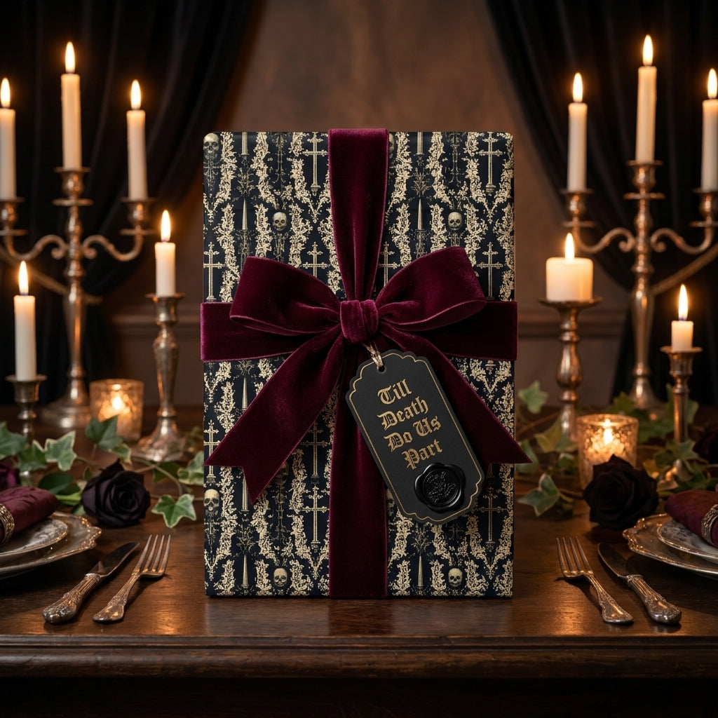 Gothic Till Death Do Us Part wedding wrapping paper with burgundy velvet bow by Wrapped Studios.