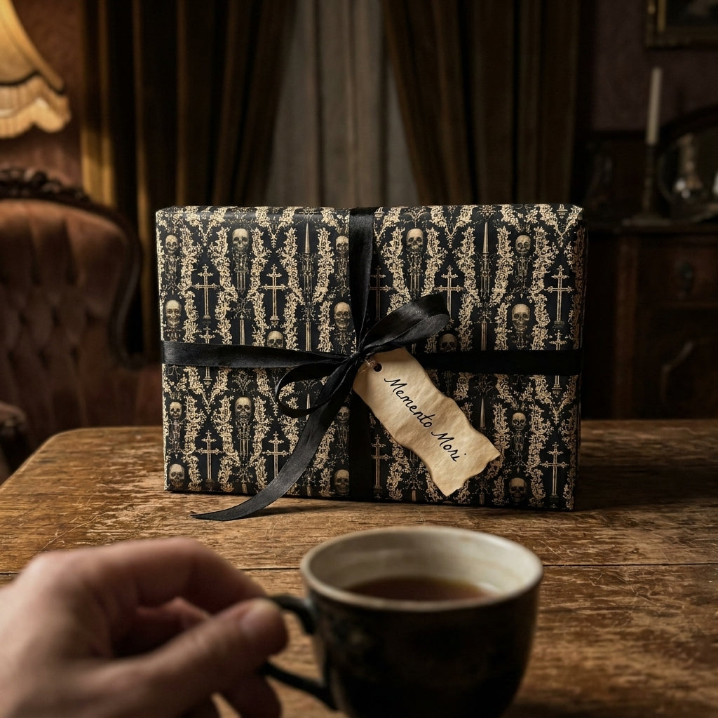 Gothic skull wrapping paper with black ribbon and Memento Mori tag by Wrapped Studios.