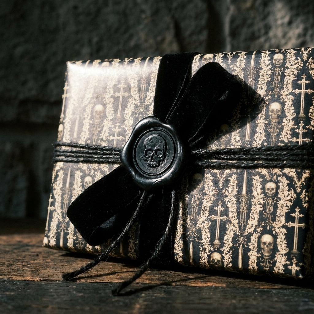 Gothic skull wrapping paper with black velvet ribbon and skull wax seal by Wrapped Studios.
