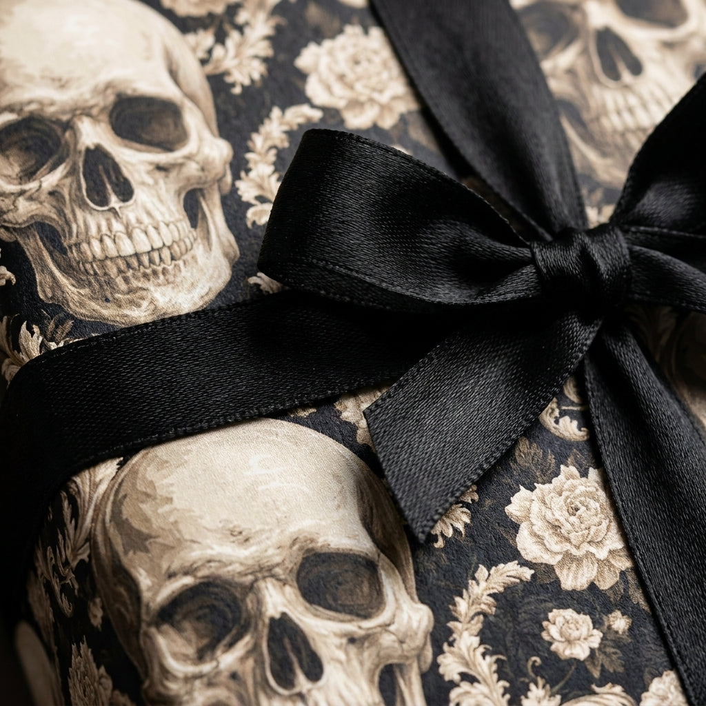Gothic skull wrapping paper with a black satin bow, luxury Halloween gift wrap by Wrapped Studios.