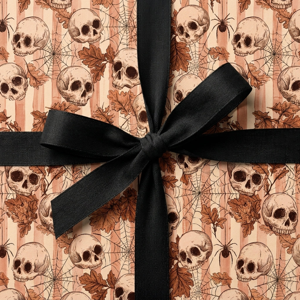 Gothic skull Halloween wrapping paper with a black ribbon bow by Wrapped Studios.