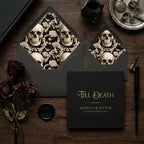 Gothic Till Death wedding invitation suite with skull envelope liners by Wrapped Studios.