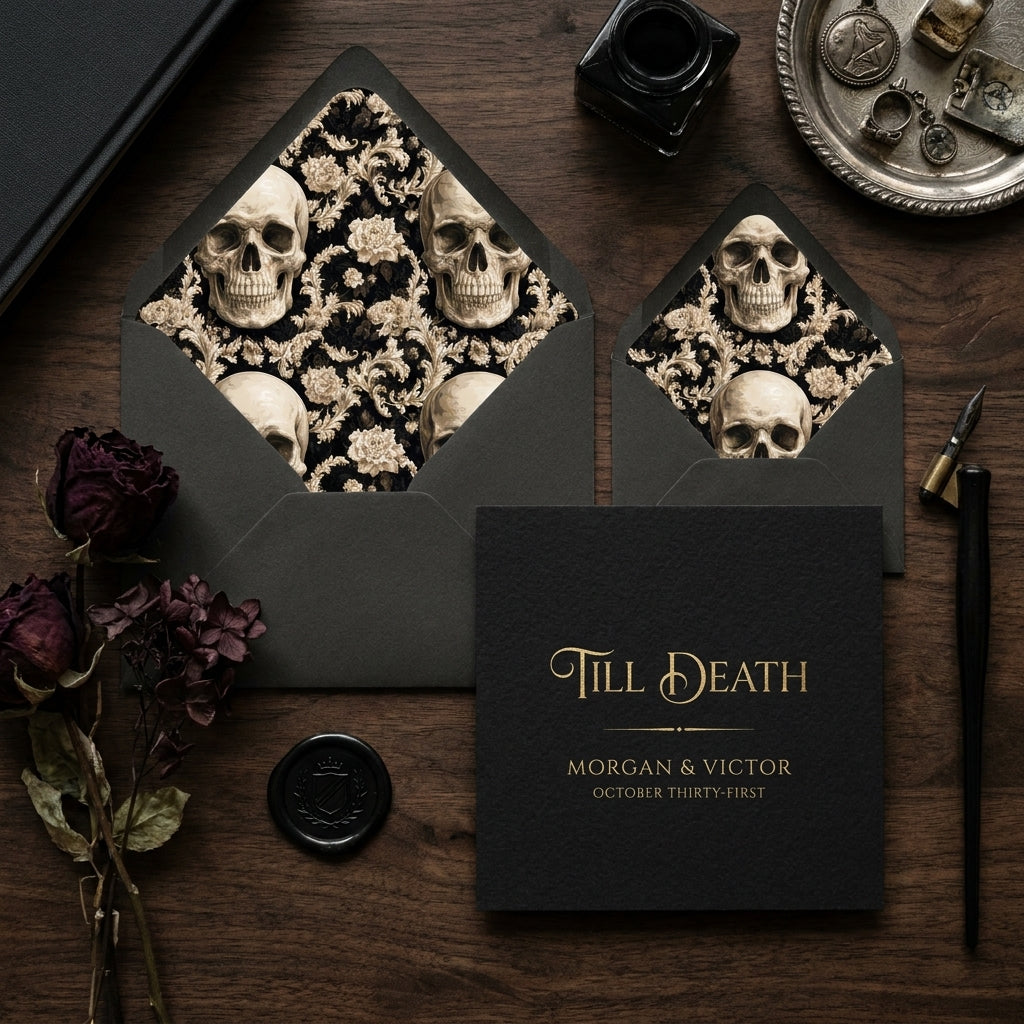 Gothic Till Death wedding invitation suite with skull envelope liners by Wrapped Studios.