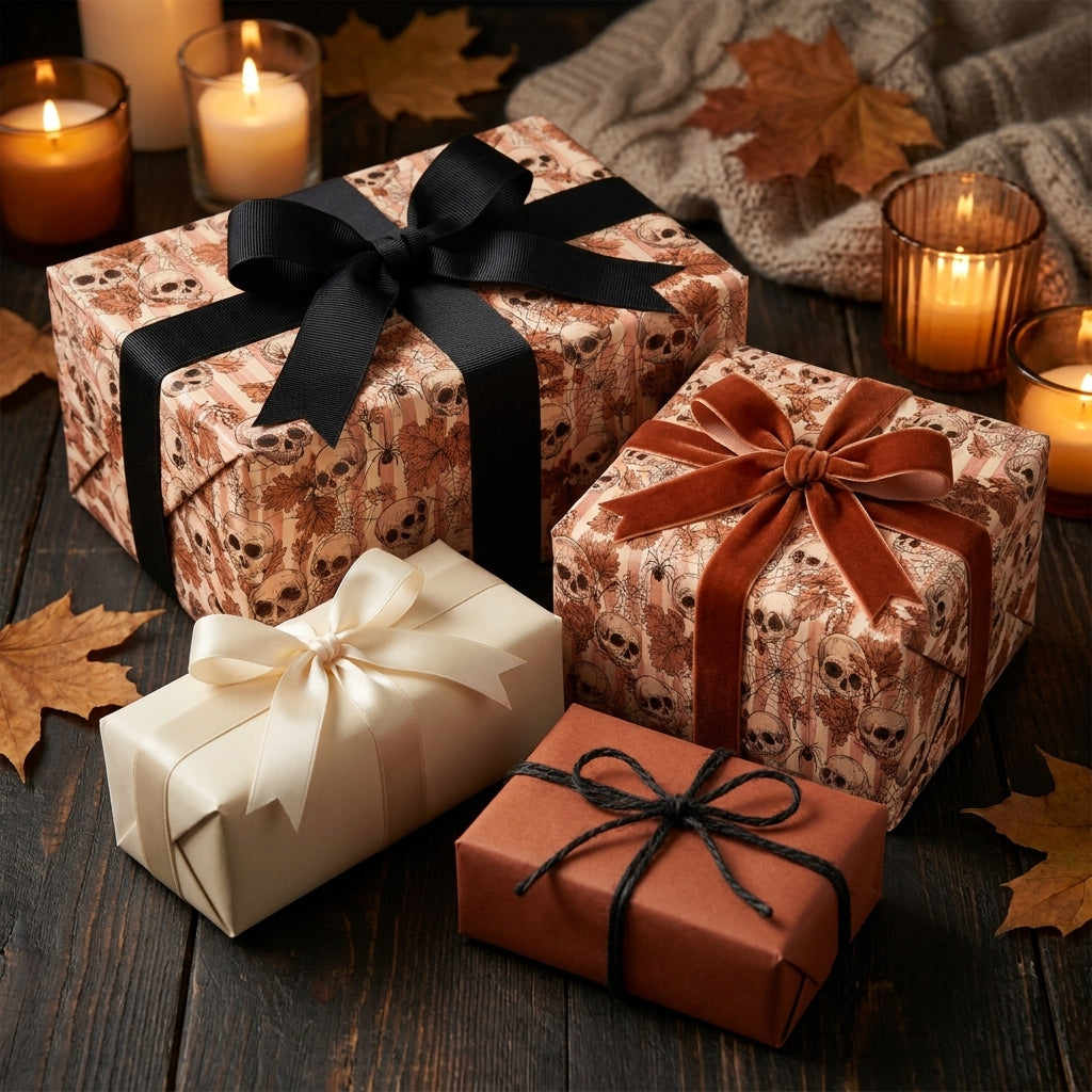 Gothic skull wrapping paper on Halloween gift boxes with autumn velvet ribbons by Wrapped Studios.