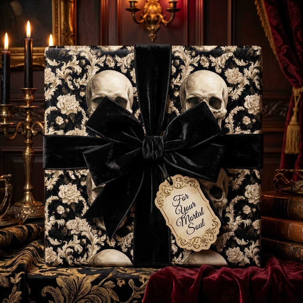 Gothic skull wrapping paper with a black velvet bow and vintage gift tag by Wrapped Studios.
