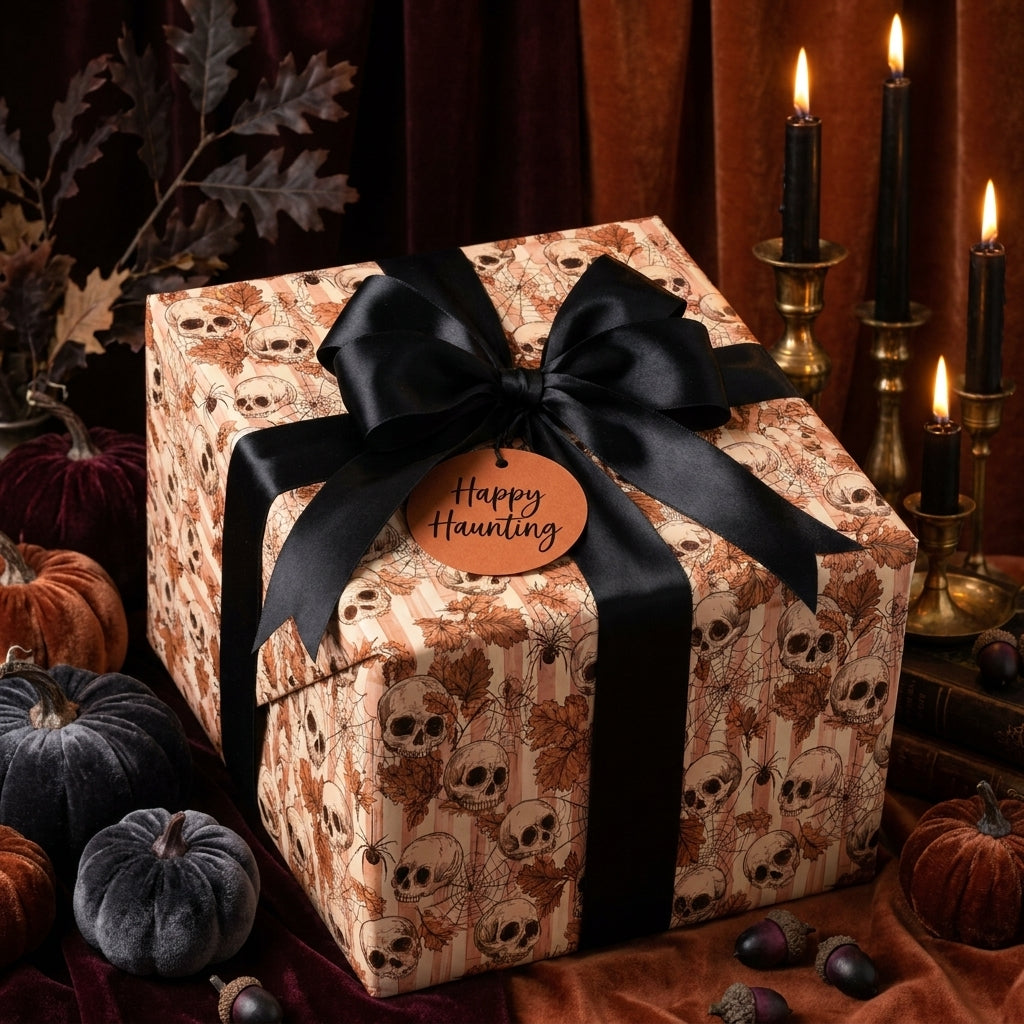 Gothic skull Halloween wrapping paper with a luxury black satin bow by Wrapped Studios.