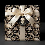 Gothic skull wrapping paper with cream satin ribbon and Memento Mori tag by Wrapped Studios.