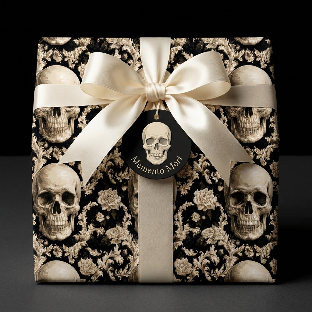Gothic skull wrapping paper with cream satin ribbon and Memento Mori tag by Wrapped Studios.