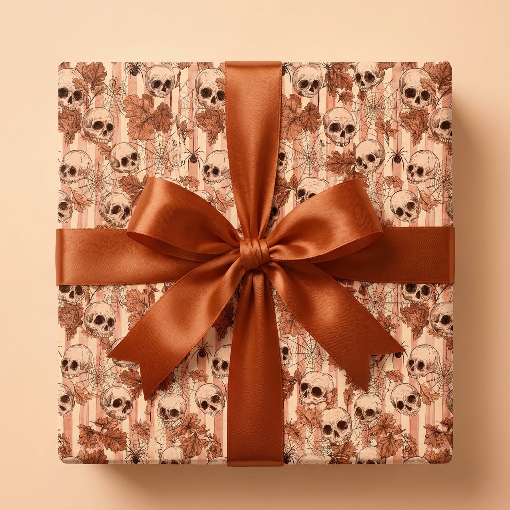 Gothic skull Halloween wrapping paper on a gift box with a brown satin bow, by Wrapped Studios.