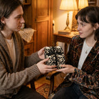 Couple exchanging a gift in gothic skull wrapping paper with black ribbon. Spooky gift wrap by Wrapped Studios.