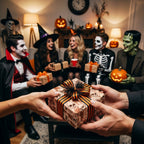 Halloween wrapping paper with spooky skulls and striped ribbon at a party by Wrapped Studios.