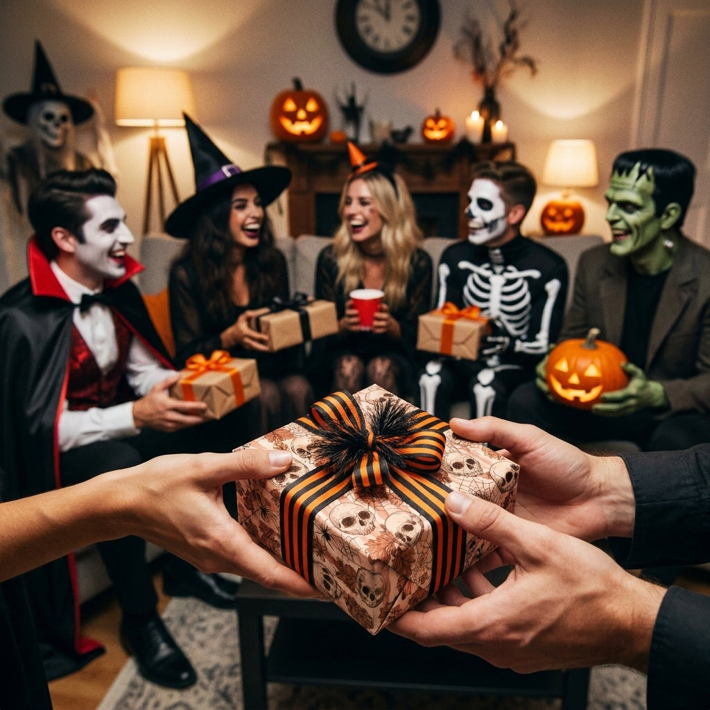 Halloween wrapping paper with spooky skulls and striped ribbon at a party by Wrapped Studios.