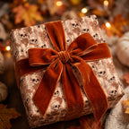 Gothic skull wrapping paper with orange velvet ribbon for Halloween gifts by Wrapped Studios.