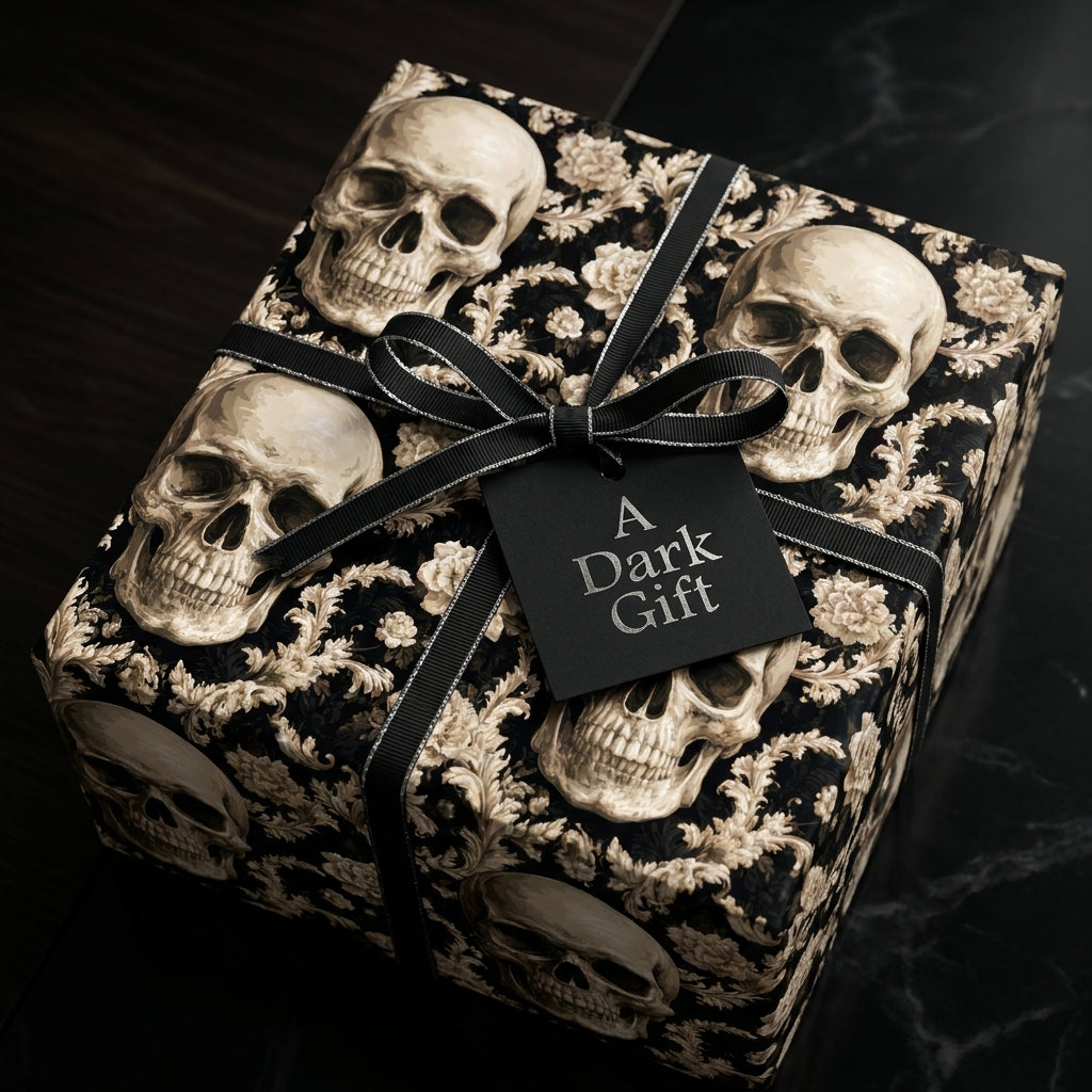Gothic skull gift wrap with elegant baroque patterns and a black ribbon bow by Wrapped Studios.